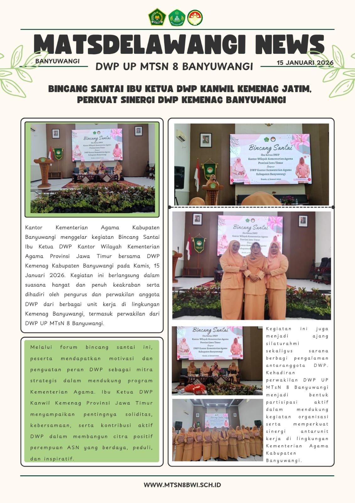 DWP UP MTsN 8 Banyuwangi Turut Serta Dalam Kegiatan Bincang Santai Ibu Ketua DWP Kanwil Kemenag Jatim