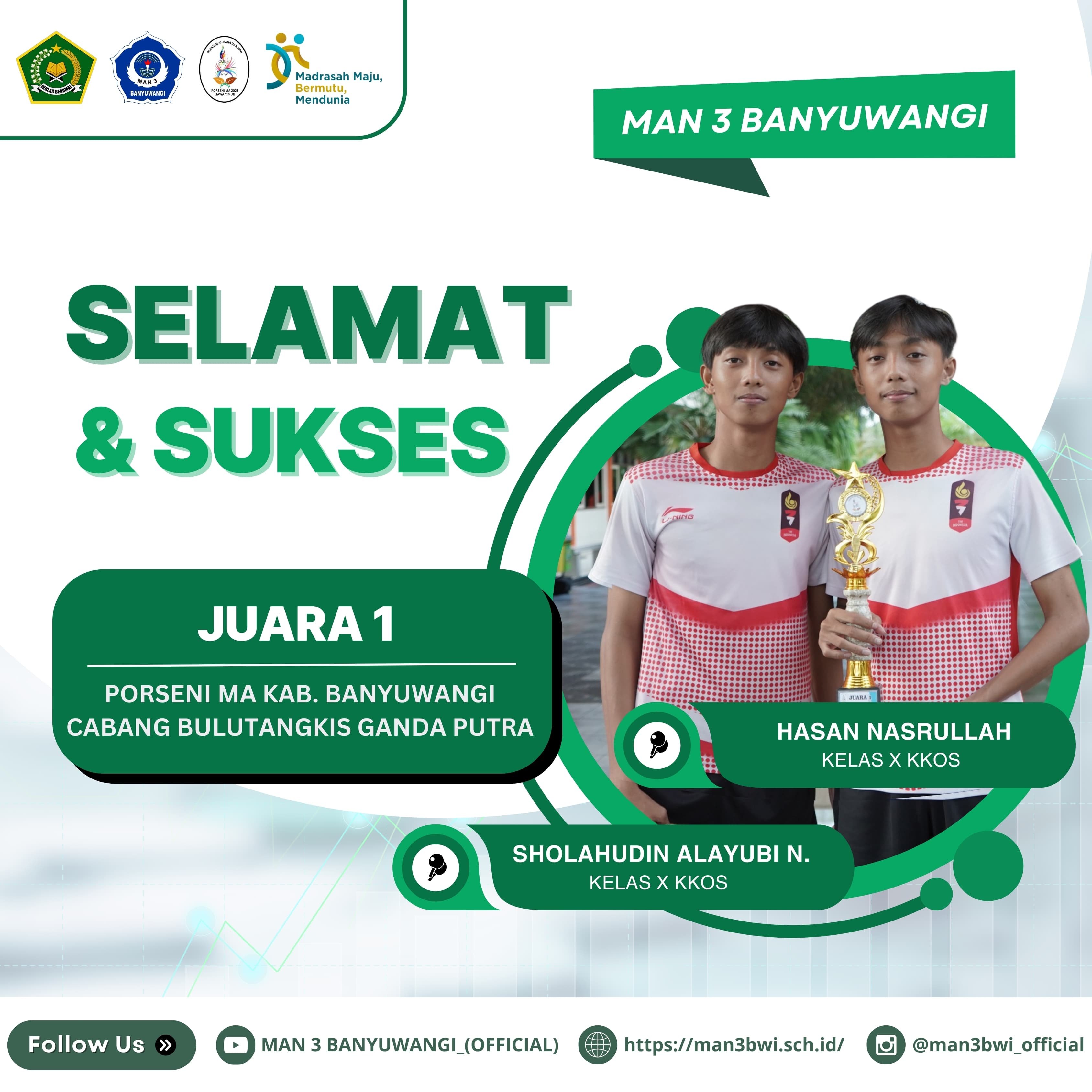 JUARA 1 PORSENI MA KAB.BANYUWANGI CABANG BULUTANGKIS GANDA PUTRA