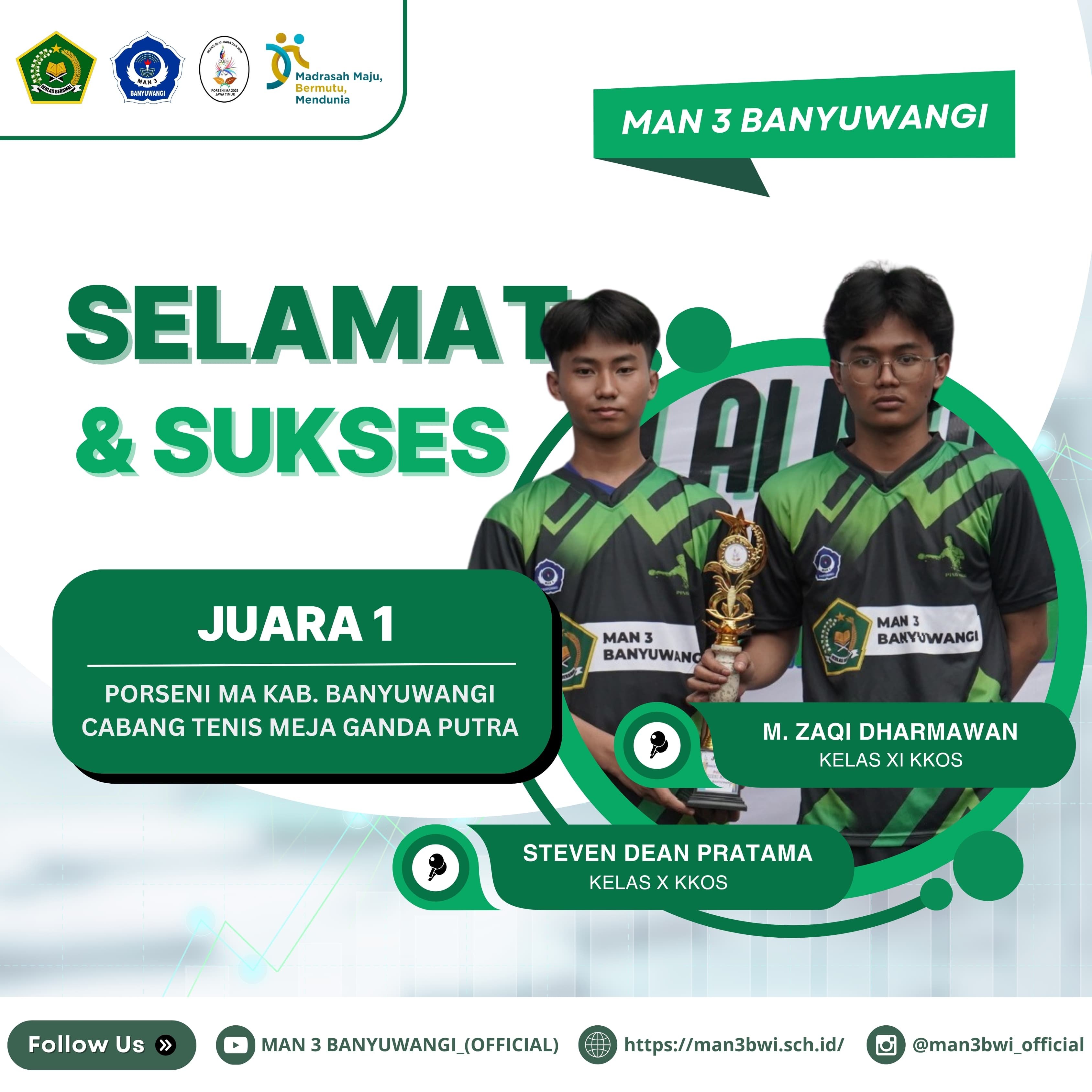 JUARA 1 PORSENI MA KAB.BANYUWANGI CABANG TENIS MEJA GANDA PUTRA