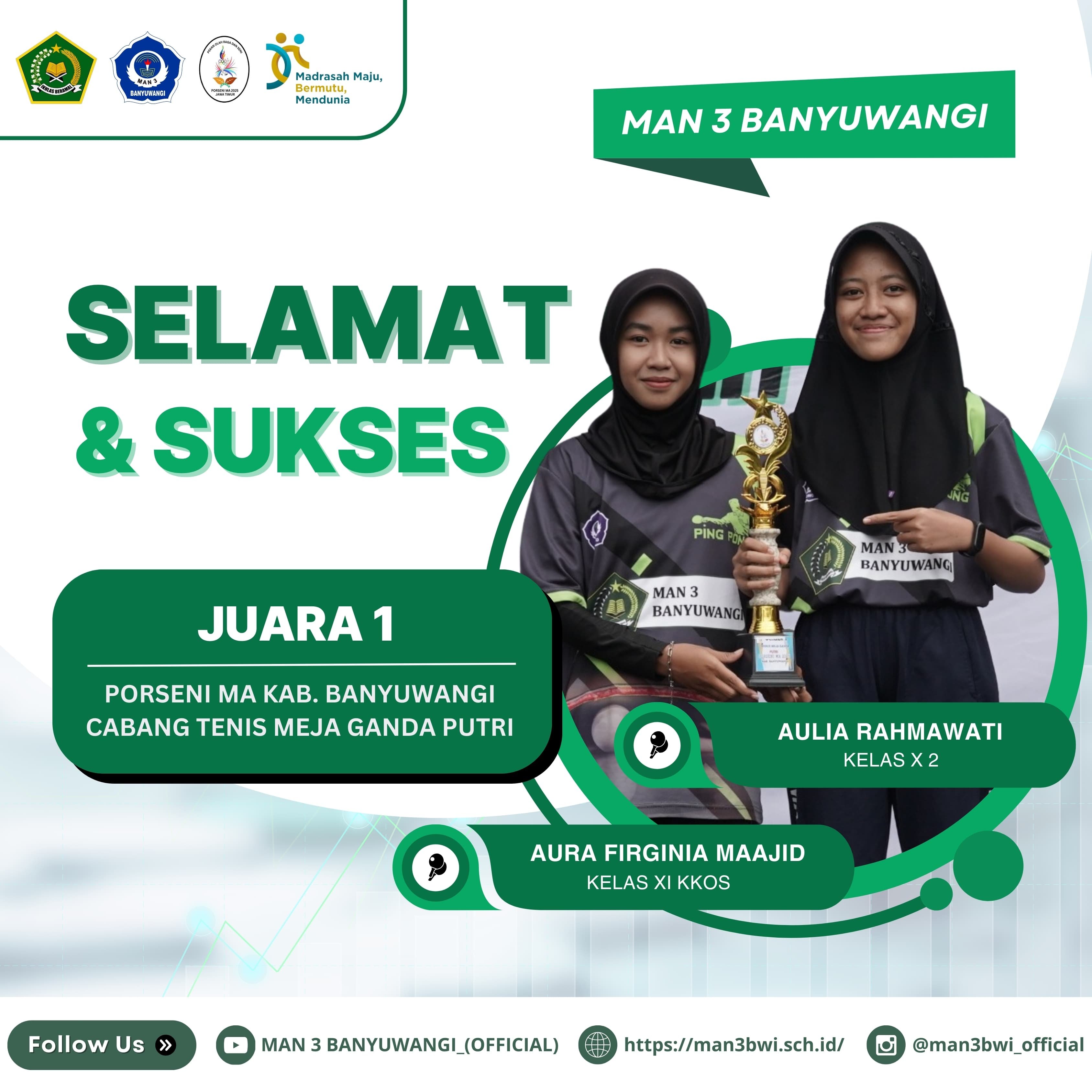 JUARA 1 PORSENI MA KAB.BANYUWANGI CABANG TENIS MEJA GANDA PUTRI